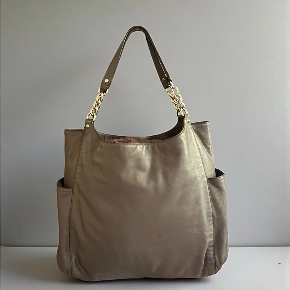 ✨ Kate Spade Taupe Pebbled Leather Chain Tote Large Neutral Shoulder Bag